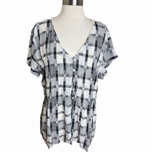 NorthStyle XL Black Ivory Plaid Cotton Smocked Button Front Top Cottagecore